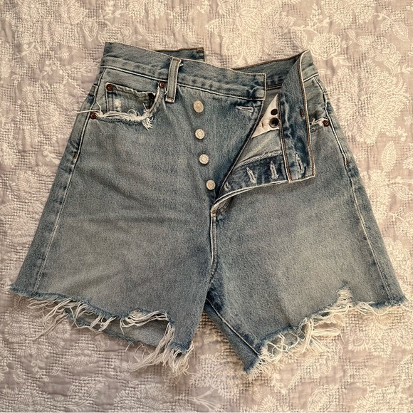 Agolde Criss 100% Cotton Frayed Cross Waist Asymmetrical Denim Jean Shorts - Picture 7 of 11